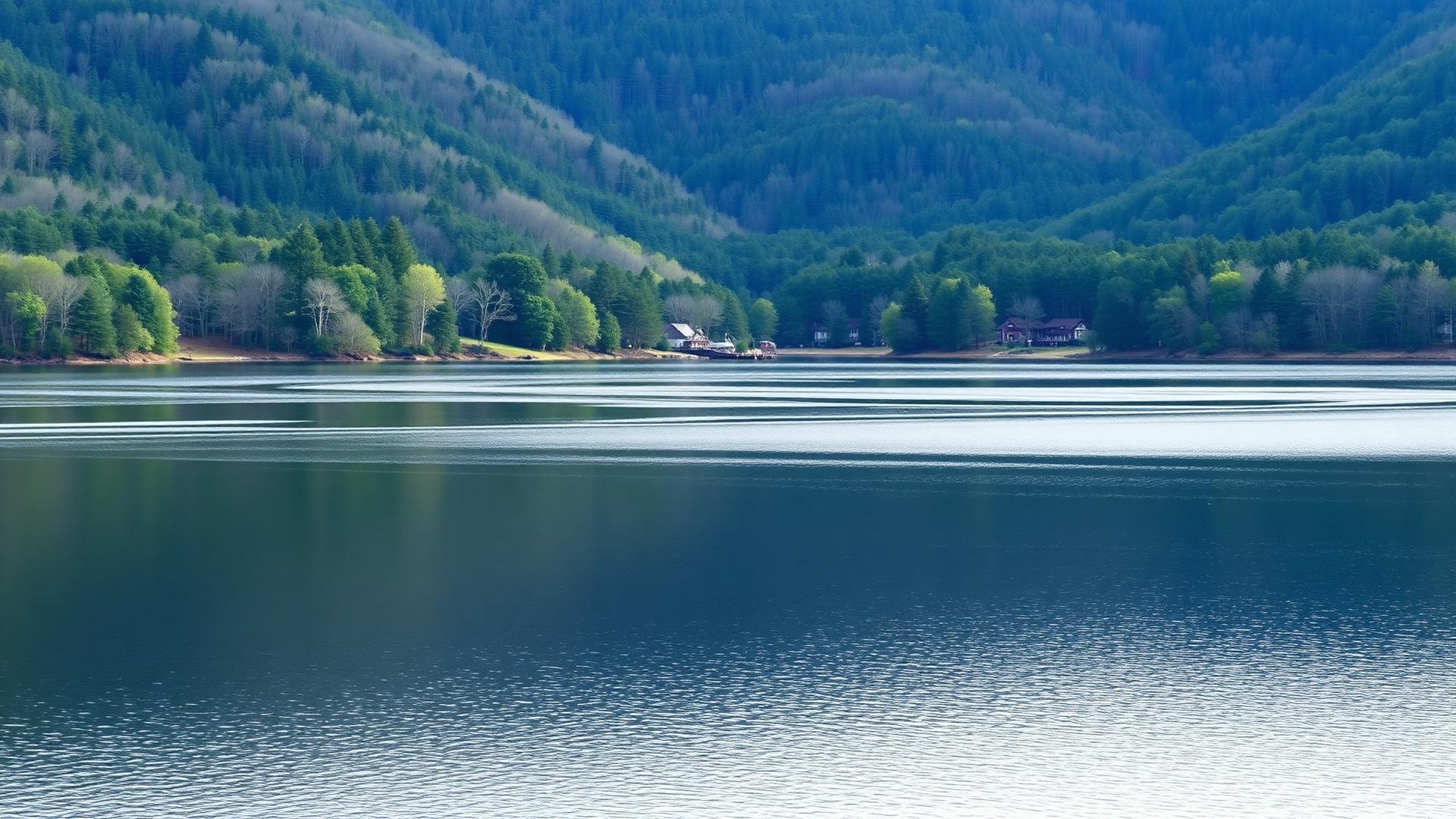 Lake Wallenpaupack framed by forested shoreline and rolling wooded hills