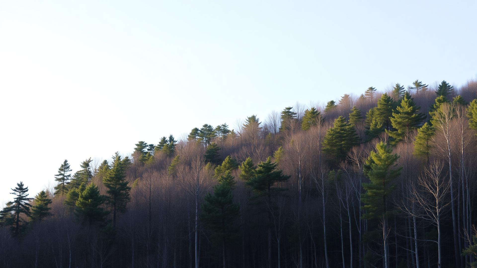 Wooded Pocono mountainside of tall hardwoods and evergreens