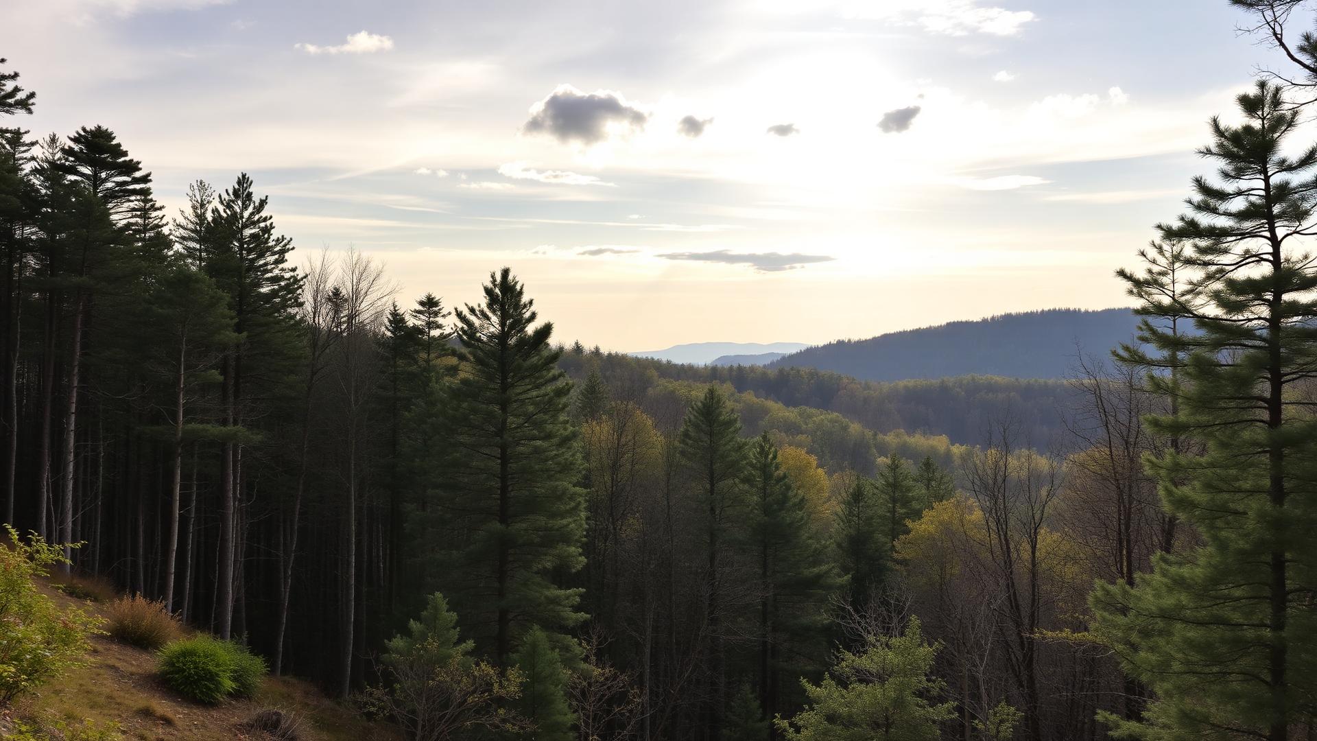Rolling wooded acreage of tall hardwoods and evergreens under an open Pocono sky