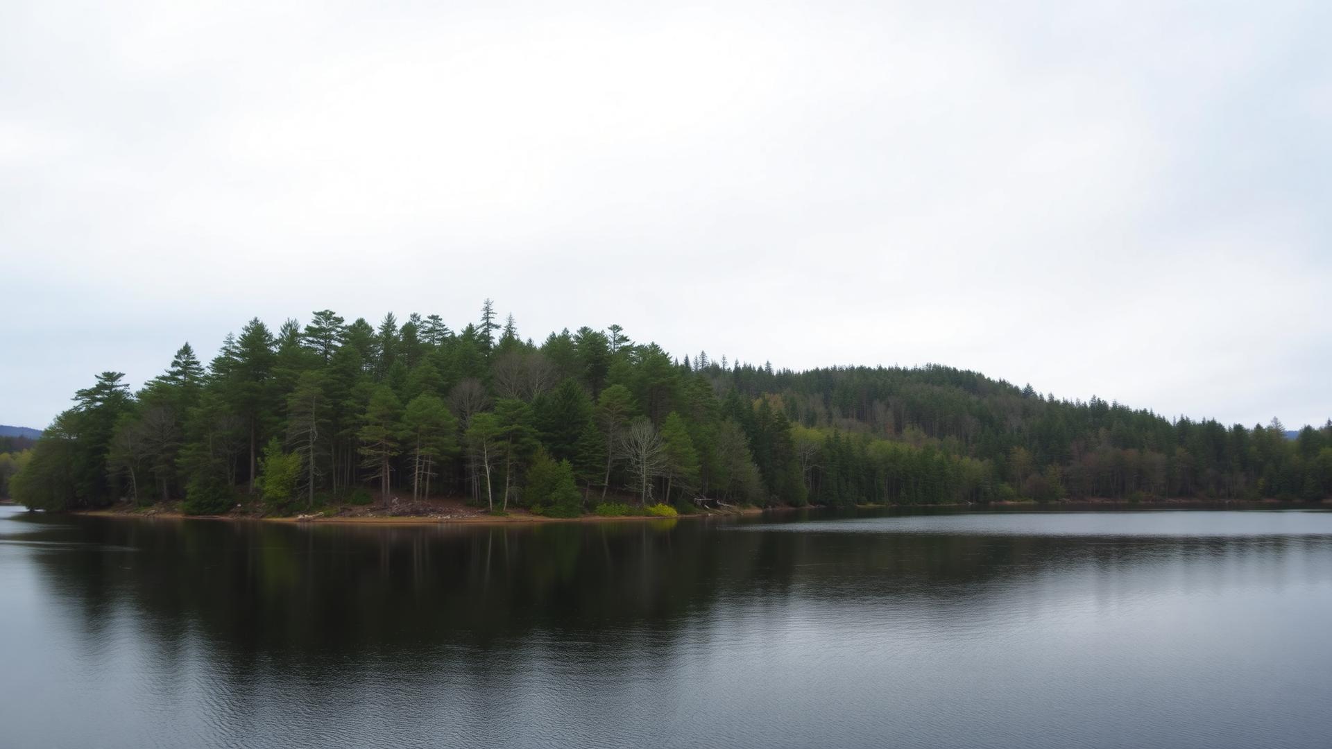 Forested lakes ringed by tall pines and mixed hardwoods in the Pocono Mountains