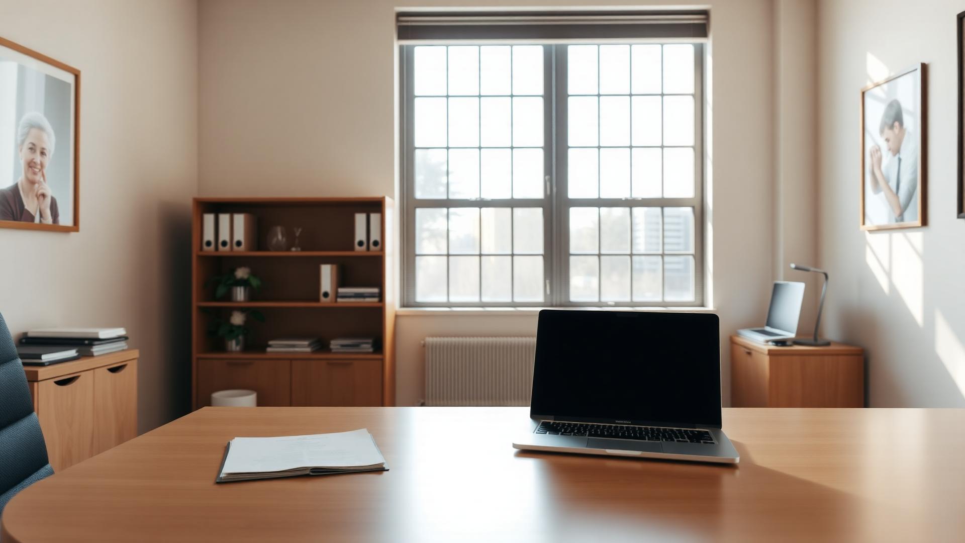 Professional office with desk, laptop and documents in warm natural light