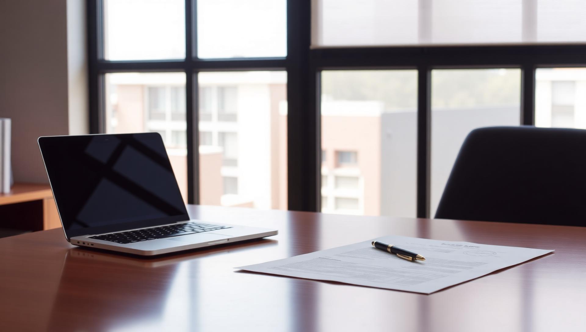 Professional office desk with laptop, legal documents and pen in soft natural light