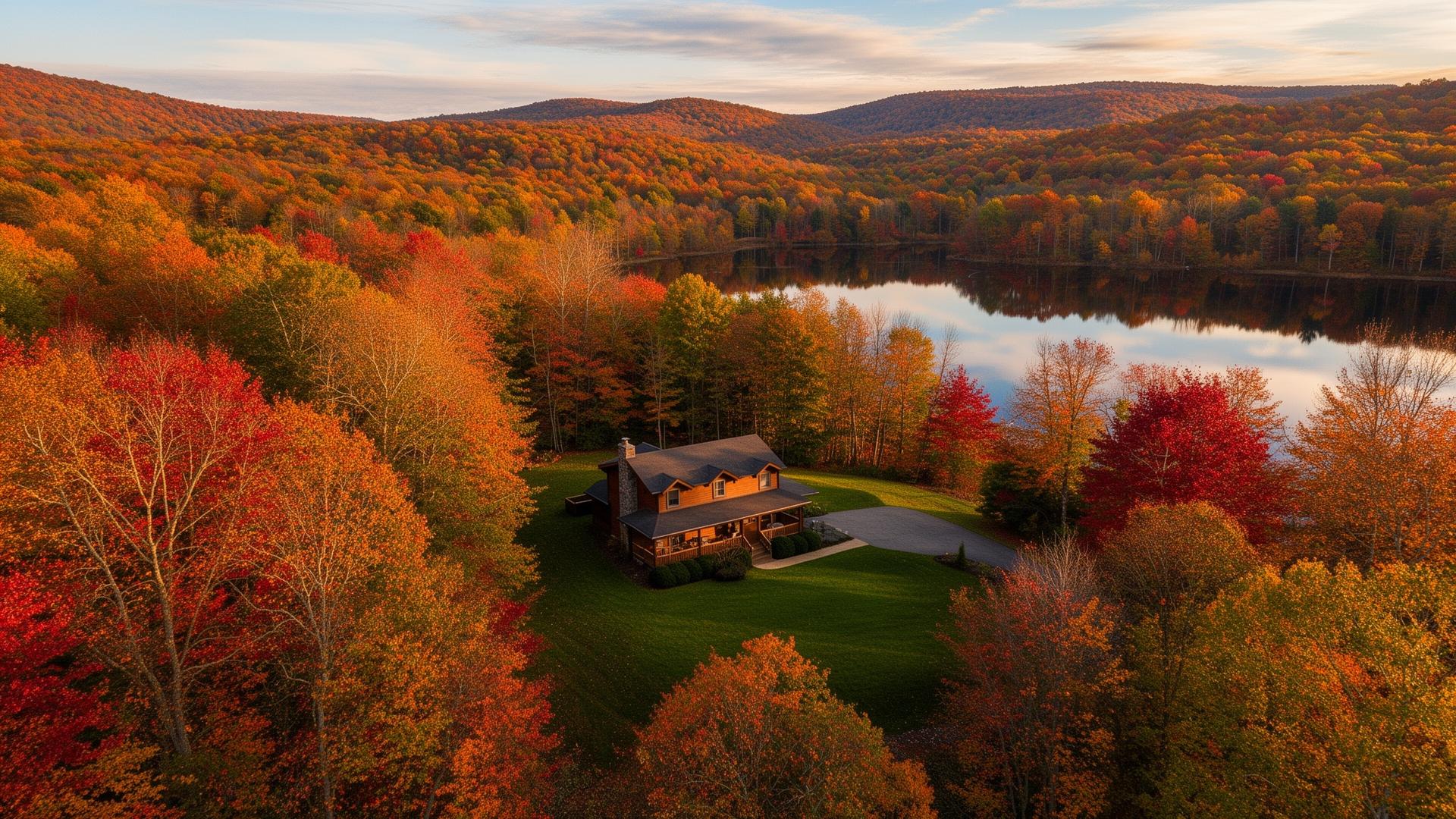Aerial view of a Pocono Mountain vacation cabin near a lake in autumn